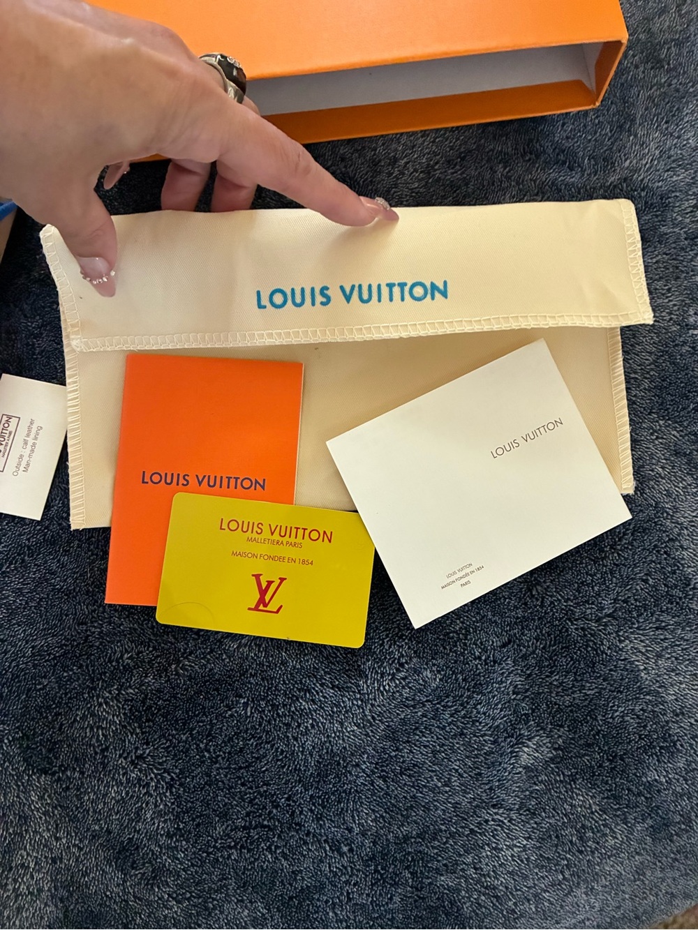 Louis Vuitton Cream Dust Bag with Blue Logo and Orange Cardholder Inserts
